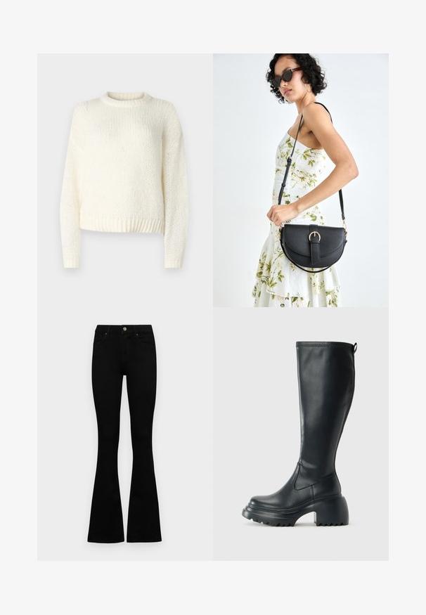 Lätt, stickad krämfärgad tröja med långa ärmar, rund halsringning och ribbad nederkant. Texturerat tyg med en lös, avslappnad passform.; Svarta högmidjade jeans med knäppning och dragkedja, frontfickor och utsvängda ben, liggande platt på en vit bakgrund.; Höga svarta läderstövlar med kraftig plattformssula och blockklack, med dragflik och strukturerat mönster på yttersulan.; Svart läderhandväska med en böjd form, avtagbar rem och guldiga detaljer. Väskan har ett lock med en spänndetalj.