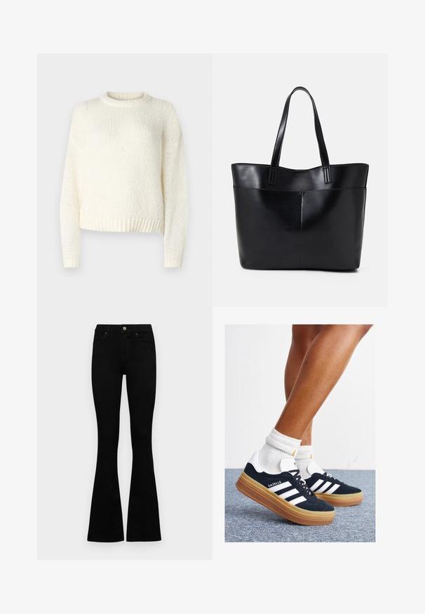 Kevyt, neulottu kerma sävyinen villapaita, jossa on pitkät hihat, pyöreä kaula-aukko ja ribattu helma. Teksturoitu kangas, jossa on löysä, rento istuvuus.; Mustat korkeavyötäröiset farkut nappi- ja vetskariyläosalla, etutaskuilla ja levenevillä lahkeilla, asetettuna tasaisesti valkoista taustaa vasten.; Musta mokkanahkainen tennari, jossa valkoiset raidat ja yksityiskohdat, pyöreä kärki, purukumipohja, yhdistetty valkoisiin ribbineuleisiin nilkkasukkiin.; Musta nahkainen kassi, jossa on kaksi pitkää kahvaa, sileä pinta ja jämäkkä muoto. Sisältää etutaskun lisävarastointia varten.