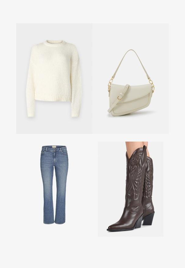 Kerge, kudumiskreemiline sviiter pikkade varrukatega, ümmarguse kaelusega ja ribatud äärtega. Tekstureeritud kangas, lahtise ja mugava lõikega.; Keskmiselt sinised sirged teksapüksid, millel on ees nupuga ja lukuga sulgemine, vöörihmade augud ning ees ja taga taskud.; Pruunid nahast cowboy saapad terava varbaga ja plokk-kandaga, millel on detailne tikand ja kergelt tõstetud aktsendid varrel.; Väike kreemjas käekott tekstureeritud viimistlusega, pikendatav rihm, ketiläbimõõt ja klapiga sulgemine. Kuldsed metalldetailid.; Hõbedased rõngaskõrvarõngad keerutatud disainiga, millel on poleeritud viimistlus ja posti-tagune sulgemine. Diameeter umbes 3 cm.