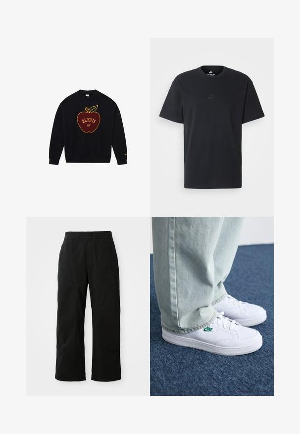 Felpa di cotone nera con mela rossa ricamata con accenti gialli e verdi e scritta 'BLKVIS NY' sotto, polsini e orlo a costine.; T-shirt in cotone nero della Nike con collo rotondo classico, maniche corte e un logo in rilievo discreto sul petto. Texture liscia.; Pantaloni neri in cotone con vita elastica, design a gamba larga e grandi tasche laterali. Il tessuto sembra morbido con una texture liscia.; Sneakers in pelle bianca con logo Nike verde, punta rotonda, suola piatta, abbinati a pantaloni in denim azzurro, mostrati su un tappeto blu.