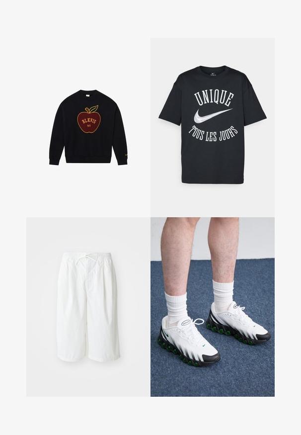 Sweatshirt preta de algodão com uma maçã vermelha bordada com detalhes amarelos e verdes e texto 'BLKVIS NY' abaixo, com punhos e bainha canelados.; T-shirt preto em algodão com texto branco "UNIQUE TOUS LES JOURS" e um logótipo prateado da Nike. Design clássico com gola redonda e mangas curtas.; Calções brancos com cintura elástica e cordão, apresentados sobre um fundo claro e liso. Adequados para usar de forma casual ou em climas quentes.; Tênis atléticos brancos com detalhes pretos e amortecimento verde. Possui um cabedal texturizado, fecho com atacadores e logotipo da marca visível.