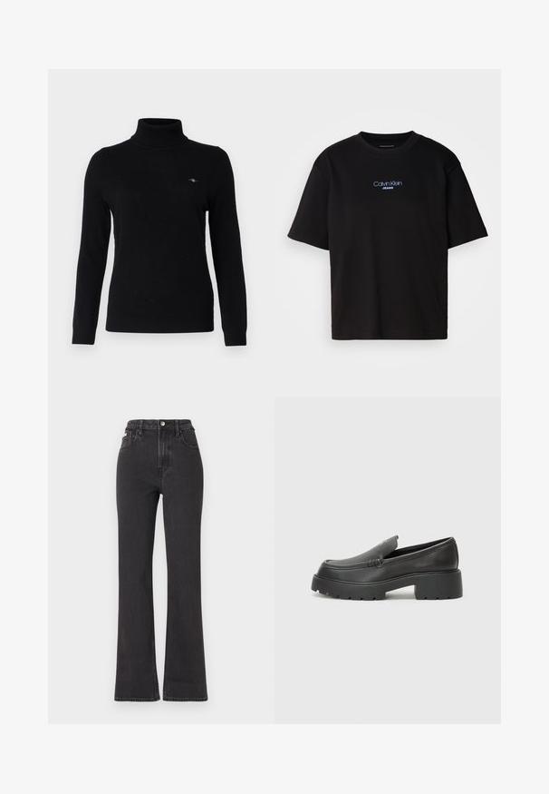 Fekete garbónyakú pulóver, hosszú ujjak, testhezálló fazon, puha anyagból készült, finom logóval a bal mellrészen.; Fekete pamut póló kerek nyakkal, rövid ujjú, elöl kék hímzett "Calvin Klein JEANS" logóval.; Fekete, magas derekú, trapéz fazonú farmernadrág, gombos záródással, övrésszel és oldalsó zsebekkel. Sima textúrájú, minimális kopással.; Fekete bőr loafer cipők kerek orral, vastag, texturált talppal és minimális varrási részletekkel. Áramvonalas dizájn, látható fűzők vagy fém részek nélkül.