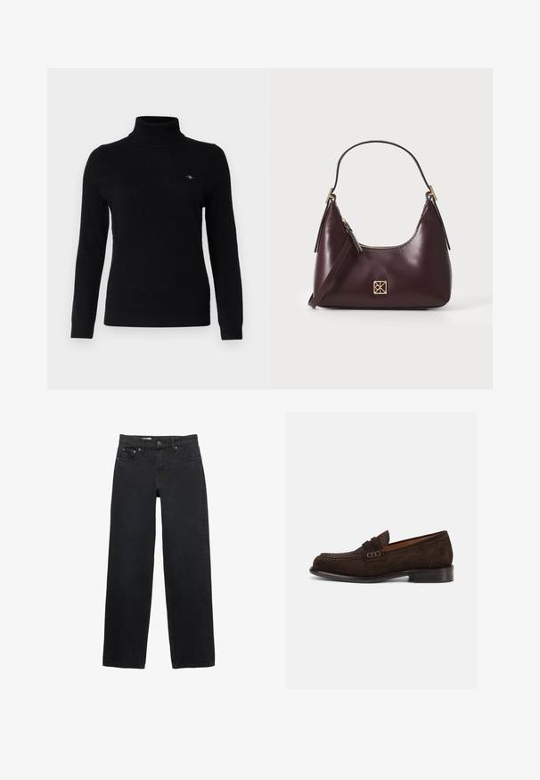Czarny sweter z golfem, długie rękawy, dopasowany krój, wykonany z miękkiego materiału, posiada subtelne logo na lewej części klatki piersiowej.; Czarne szerokie dżinsy wykonane z denimu, z pięcioma kieszeniami, zapięciem na guzik, subtelnym przeszyciem oraz prostym krojem od talii do dołu.; Brązowe zamszowe loafersy z zaokrąglonym noskiem, przeszyciami oraz małym dekoracyjnym akcentem na pasku. Płaska podeszwa.; Burgundowa skórzana torebka o zaokrąglonym kształcie, z złotymi akcentami na elementach metalowych oraz zamknięciem na zamek błyskawiczny. Posiada odpinany pasek na ramię.