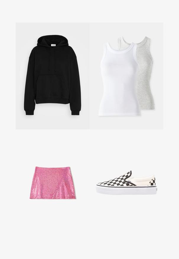 Czarna bluza z kapturem z przednią kieszenią typu kangur, ściągaczami przy mankietach i u dołu. Wykonana z miękkiego materiału, z regulowanymi sznurkami.; Dwa bezrękawniki: jeden biały, o prążkowanej fakturze, a drugi jasnoszary z delikatnym wzorem heather. Oba mają okrągłe dekolty.; Różowa mini spódniczka z cekinami o gładkiej teksturze, prostej linii i delikatnym rozszerzeniu u dołu. Cekiny odbijają światło, podkreślając jej intensywny kolor.; Czarno-białe buty slip-on Vans w kratkę z płóciennym wierzchem, gumową podeszwą i wyściełanym kołnierzem. Płaska, okrągła noska z białymi akcentami na podeszwie.