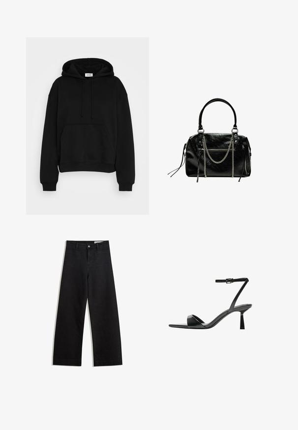 Svart huvtröja med en framficka i känguru-stil, ribbade ärmslut och nederkant. Tillverkad av mjukt material, med justerbara snoddar.; Svarta vida denimbyxor med hög midja, med fram- och bakfickor, sydda sömmar och knappstängning. Slät textur.; Bershka Sandaletter - black; Bershka WITH CHAIN - Handväska - black