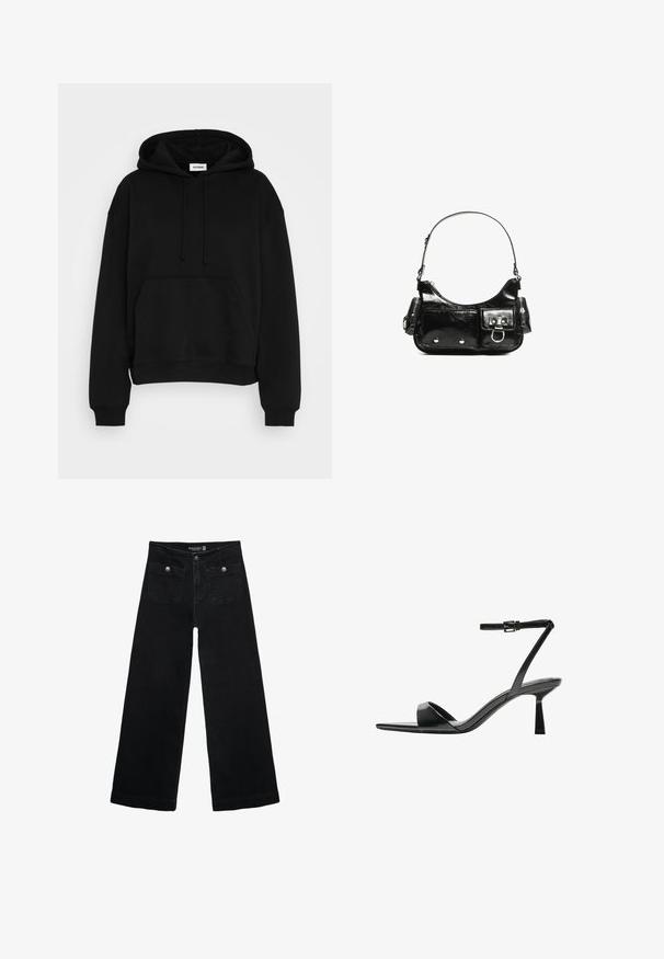 Felpa nera con cappuccio, dotata di tasca frontale a marsupio, polsini e orlo a costine. Realizzata in materiale morbido, con cordini regolabili.; Jeans neri a gamba larga con vita alta, dotati di due tasche frontali e dettagli in metallo sui bottoni. Il tessuto ha una texture liscia.; Bershka Sandali con tacco - black; Borsa a spalla in vernice nera con forma curvata, una tracolla, tasche frontali e dettagli in metallo argentato.