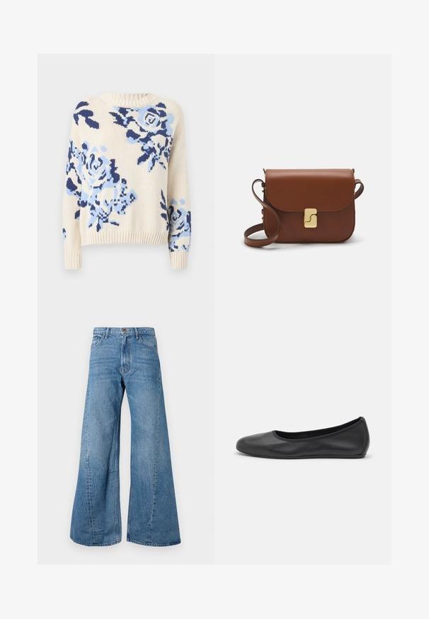 Sweter dziany w kolorze kremowym z niebieskim wzorem kwiatowym. Okrągły dekolt, ściągacze przy mankietach i u dołu. Miękka tekstura i luźny krój.; Szerokie niebieskie dżinsy z wysokim stanem, z klasycznym pięciopocketowym stylem i lekkim wyblaknięciem dla uzyskania faktury.; Czarne skórzane baletki z zaokrąglonym noskiem, gładką fakturą, minimalnymi przeszyciami i elastycznym designem podeszwy.; Brązowa skórzana torebka na ramię z klapką, złotymi detalami, paskiem na ramię i gładką teksturą. Kompaktowy prostokątny kształt.