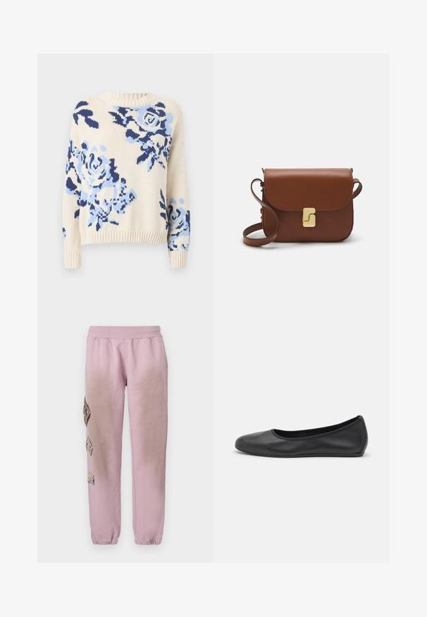 Strikket sweater i creme med et blåt blomstermønster. Rund halsudskæring, ribbede manchetter og kant. Blød tekstur med en afslappet pasform.; Lyserøde sweatpants med elastisk talje, prydet med dekorative patches i diamantform på venstre side og elastiske manchetter ved anklerne.; Sort læderballetsko med rund tå, glat tekstur, minimal syning og et fleksibelt såldesign.; Brun læder håndtaske med flaplukning, hardware i gyldent tone, en skulderrem og en glat overflade. Kompakt rektangulær form.