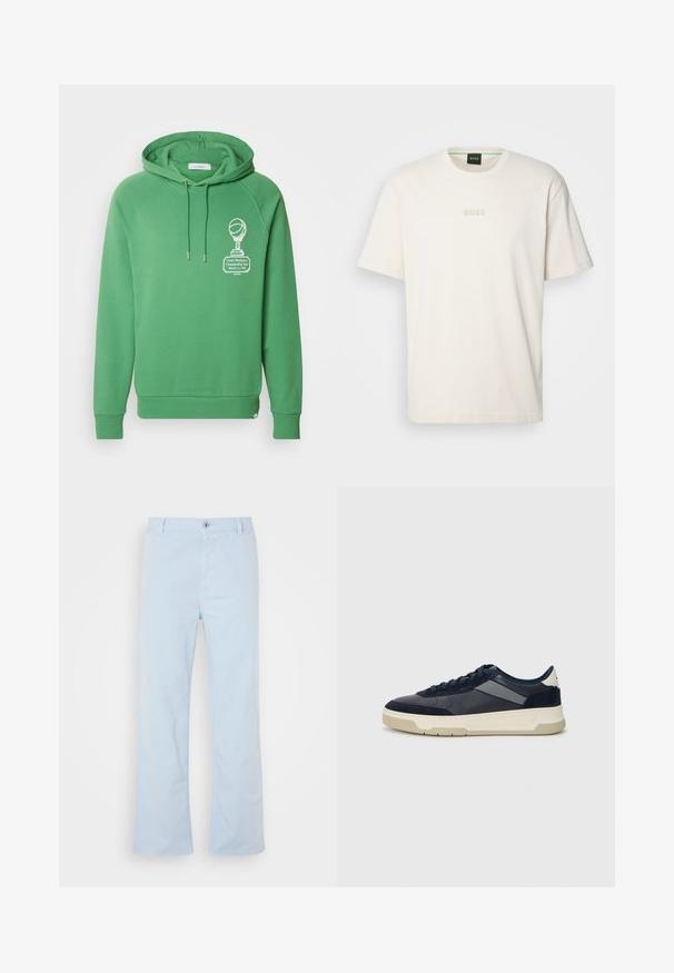 Zaļš kokvilnas kapuce ar aukliņu, raglana piedurknēm un baltu drukātu trofejas dizainu ar basketbola motīvu.; BOSS TEE - Pamata T-krekls - open white; Gaiši zili kokvilnas bikses ar taisnu griezumu, priekšējo pogu aizdari un sānu kabatām. Gluda tekstūra un minimālas šuvju detaļas.; BOSS BALTIMORE - Sporta apavi - open blue