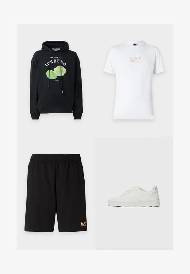 Schwarzer Kapuzenpullover mit Kordeln und einem grafischen Druck eines grünen Salats auf der Vorderseite. Mit bedrucktem Text: "DER GESCHMACK FÜR EISBERG" und "Seit 1974."; Weißes Baumwoll-T-Shirt mit Rundhalsausschnitt und kurzen Ärmeln, mit einem goldenen EA7 Emporio Armani-Logo auf der Vorderseite.; Schwarze Sportshorts aus weichem Material, mit einem elastischen Bund und einem kleinen gelben EA7-Logo am unteren linken Bein.; Weiße Ledersneaker mit glatter Oberfläche, runder Zehenpartie, flachen Schnürsenkeln und strukturiertem Sohlenprofil. Mit einem dezenten Logo an der Ferse.