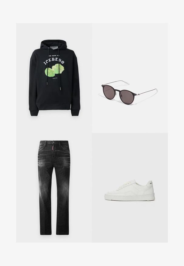 Zwart hoodie met trekkoord en voorop een grafisch ontwerp van een groene ijsbergsla. Bevat bedrukt tekst: "DE SMAAK VAN IJSSLA" en "Sinds 1974."; Zwarte denim jeans met een rechte pasvorm. Beschikt over vervaagde gebieden, lichte slijtage, klassiek vijf-pocket ontwerp en een knoopsluiting.; Witte leren sneaker met een gladde afwerking, ronde neus, platte veters en een gestructureerde zool. Kenmerkt zich door een subtiel logo op de hiel.; Zwarte ronde zonnebril met donkere lenzen en slanke metalen armen. Inclusief heldere tempelpunten en zilveren accenten bij de scharnier. Minimalistisch ontwerp.