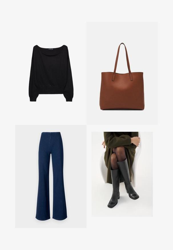 Črni pleteni pulover s širokim čolnskim izrezom, dolgimi rokavi in prilegajočim robom. Tkanina ima mehak otip in sproščen kroj.; Temno modri traper hlače s širokimi nogavicami in elastičnim pasom. Imajo gladko teksturo in širok kroj, ki se razširi do roba.; Črne usnjene čevlje do kolen s kvadratnim prstom in blok peto, prikazani na modelu, ki sedi v olivno zeleni plašču. Gladka tekstura, minimalne podrobnosti.; Rjava usnjena torba z gladko teksturo, odprto zasnovo zgoraj in dvema naramnima trakovoma. Opremljena je z minimalnim šivanjem in brez vidnih kovinskih delov.