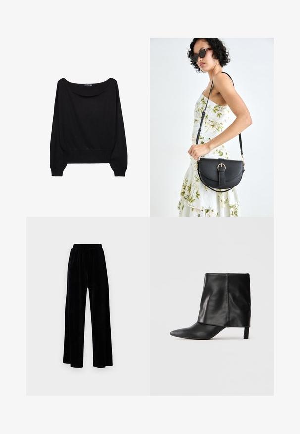 Černý pletený svetr s širokým lodičkovým výstřihem, dlouhými rukávy a přiléhavým lemem. Tkanina má jemnou texturu a volný střih.; Černé kalhoty širokého střihu vyrobené z měkkého sametu, s elastickým pasem a hladkým povrchem, bez viditelných detailů nebo vzorů.; Černá kožená kotníková bota do poloviny lýtka s špičatou špičkou, sklopenou horní částí a štíhlým nízkým podpatkem, stojící na bílém pozadí.; Černá kožená kabelka s křivkovým tvarem, odnímatelným popruhem a zlatými detaily. Kabelka má klopu s přezkou.