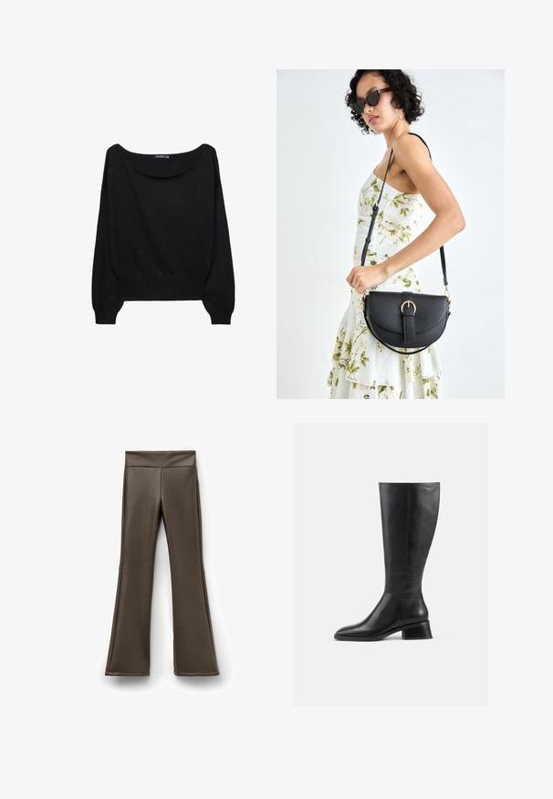 Czarny dziany sweter z szerokim dekoltem w łódkę, długimi rękawami i dopasowanym brzegiem. Materiał ma miękką strukturę i luźny krój.; Brązowe spodnie z sztucznej skóry w fasonie dzwonów z wysokim stanem, charakteryzujące się gładką strukturą i dopasowaną sylwetką.; Czarne skórzane botki do kolan z okrągłym noskiem i niskim, blokowym obcasem. Charakteryzują się gładką teksturą i minimalnymi detalami szycia.; Czarna skórzana torebka o zakrzywionym kształcie, z odpinanym paskiem i złotymi akcentami. Torebka posiada klapę z zapięciem w kształcie klamry.