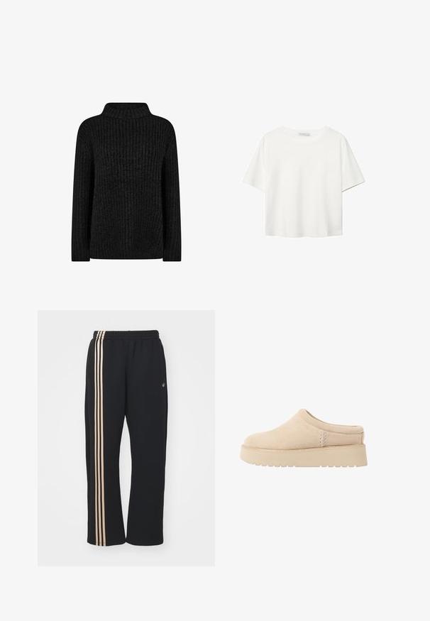 Čierny pletený sveter s vysokým, prehnutým golierom. Obsahuje textúrovaný vzor s prúžkami, dlhé rukávy a voľný strih.; Biela krátkopsová tričko vyrobené z bavlny. Má okrúhly výstrih a voľný strih. Hladká textúra bez viditeľných vzorov alebo akcentov.; Čierne teplákové nohavice vyrobené z jemnej látky, s tromi vertikálnymi béžovými pruhmi po stranách a elastickým pásom. Jednoduchý dizajn, bez vreciek.; Béžové semišové slip-on topánky s okrúhlym špičkou a hrubou, štruktúrovanou platformou. Obsahujú minimálne švy a majú jemný dizajn.
