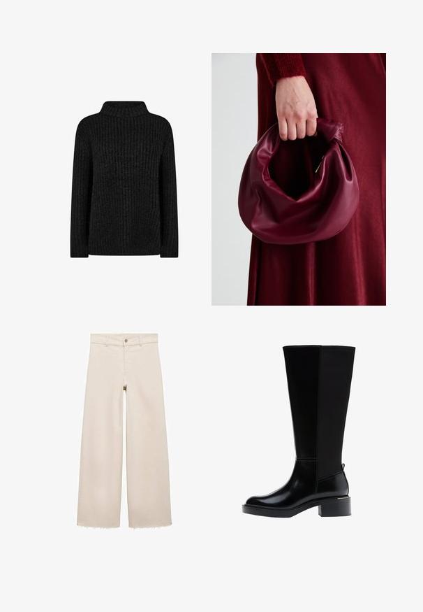 Maglione nero lavorato a maglia con colletto alto e ripiegato. Presenta un motivo a costine testurizzate, maniche lunghe e una vestibilità comoda.; Jeans beige a gamba larga con vita alta, dotati di chiusura a pulsante, tasche frontali e orlo sfrangiato. Realizzati in tessuto denim.; Stivale nero fino al ginocchio in pelle liscia, con evidenti cuciture, tacco spesso e pannello posteriore testurizzato per un tocco di interesse in più.; Borsa in pelle bordeaux con un design morbido e arricciato e una forma arrotondata. Il manico è fissato, mostrando una texture liscia.
