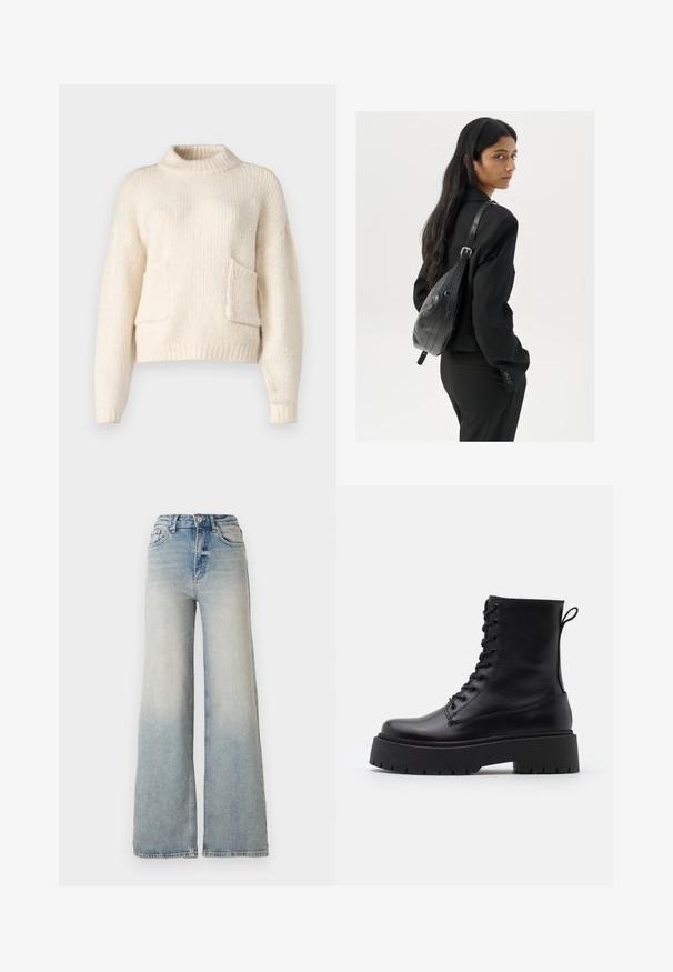 ONLY ONLPIE POCKET - Jumper - birch; Light blue wide-leg jeans made of denim, featuring a high waist, five pockets, and visible stitching along the seams.; Black leather ankle boots with a round toe, lace-up front, and a thick rubber sole featuring a textured tread. Pull tab at the back.; Woman with long dark hair wearing a black suit, carrying a black leather shoulder bag, looking over her shoulder against a white background.