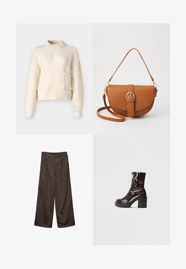 ONLY ONLPIE POCKET - Pullover - birch; Pantalons à jambes larges en tissu marron foncé avec une texture lisse. Les caractéristiques comprennent des plis à l'avant et une taille standard.; Bottines bordeaux brillantes à talon épais noir, avec une texture lisse et un design simple. Aucune fermeture visible ni motifs.; Sac bandoulière en cuir marron avec une forme incurvée, quincaillerie dorée et un accent en boucle. Comprend une bandoulière détachable.
