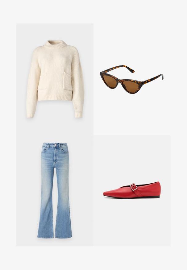 ONLY ONLPIE POCKET - Maglione - birch; Jeans flared di colore blu chiaro in denim, dotati di vita alta, design a cinque tasche e una leggera sfumatura verso l'orlo.; Scarpa piatta in pelle rossa con punta affusolata, dotata di un cinturino laterale con fibbia in metallo e un tacco basso nero. Texture liscia su tutta la superficie.; Occhiali da sole cat-eye con una montatura tartarugata nera e arancione, lenti marroni e punte affusolate e eleganti. Presentano un logo minimale sulla asta.; Orecchini a cerchio in argento con un design torciglionato, caratterizzati da una finitura lucida e chiusura a perno. Misurano circa 3 cm di diametro.