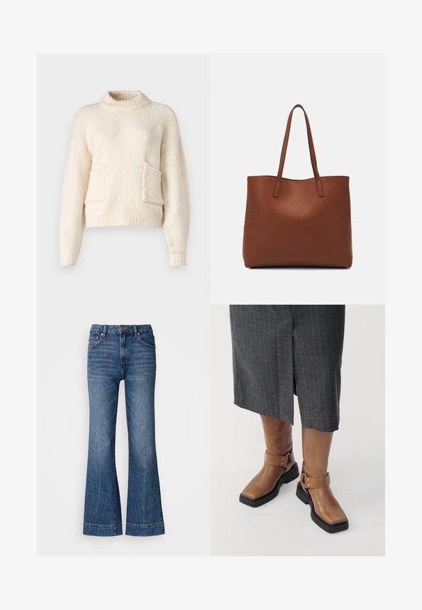 ONLY ONLPIE POCKET - Strickpullover - birch; Ausgestellte Jeans aus Denim in Dunkelblau. Mit fünf Taschen, Gürtelschlaufen und orangefarbenen Nähten. Glatte Textur mit klassischem Schnitt.; Braune Lederknief boots mit quadratischer Spitze, schwarzem Gummisohle und verstellbarem Riemen mit Schnalle. Tragen mit einem grauen Nadelstreifenrock.; Braune Leder-Tote mit glatter Textur, offenem Oberteil und zwei Schulterriemen. Verfügt über minimale Nähte und keine sichtbaren Beschläge.