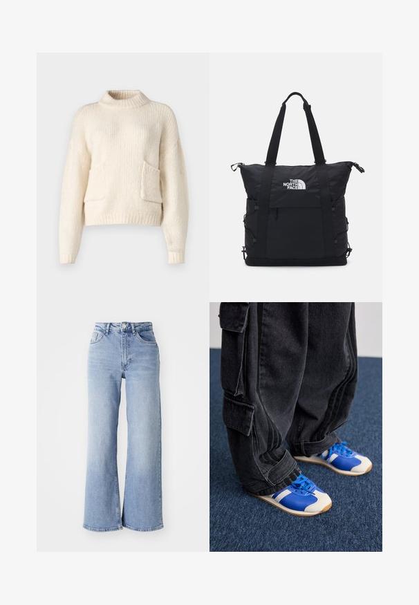 ONLY ONLPIE POCKET - Jumper - birch; Light blue high-waist wide-leg jeans with front and back pockets, button closure, and subtle fading on the thighs and hems.; Person wearing loose black cargo pants and blue and white sneakers standing on dark blue carpet.; Black tote bag with a padded design, top zipper closure, dual short straps, and logo on the front; features side pockets and adjustable straps.