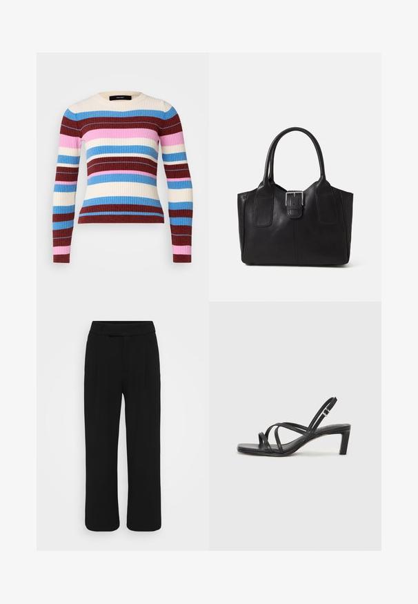 Vero Moda Petite VMCHILI O NECK STRIPE - Pulover - birch/blue jasper/fired brick/fuchsia pink; Pantaloni negri cu picioare largi, confectionati dintr-un material neted, avand un front plat, bucle pentru centura si fara buzunare vizibile. Design curat si bine croit.; Sandal cu barete negre, cu vârf pătrat și toc mic de bloc. Prezintă mai multe barete subțiri și o bareta ajustabilă la gleznă. Fabricat din piele netedă.; Geantă tote din piele neagră cu textură netedă, formă structurată, două mânere și un detaliu proeminent din aliaj de argint pe partea din față.