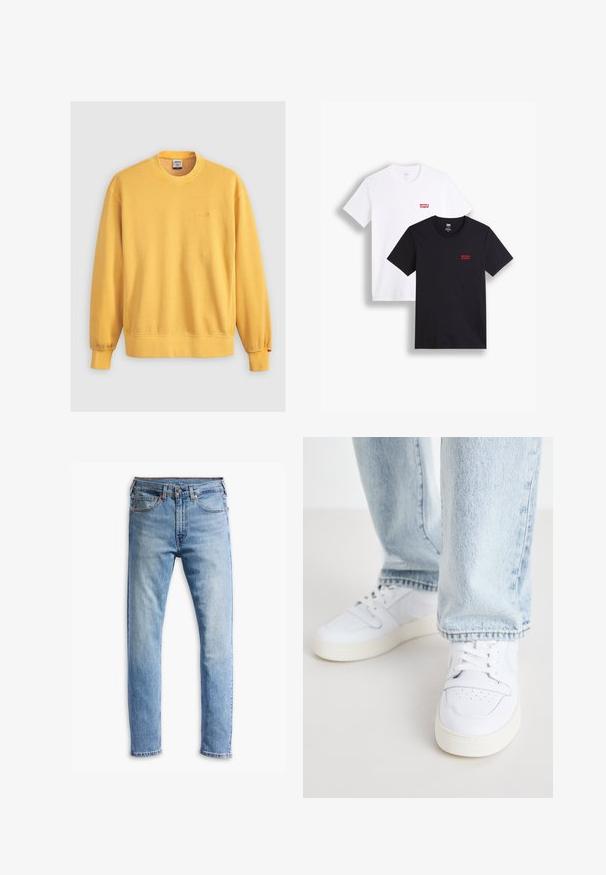 Yellow sweatshirt made of cotton, featuring a crew neckline, ribbed cuffs, and an embroidered logo on the chest. Smooth texture.; Two short-sleeve t-shirts: one white and one black. Both made of cotton with a red Levi's logo on the chest. Simple crew-neck design.; Light blue denim jeans with a straight-cut design, five pockets, button closure, and subtle fading across the fabric.; White leather low-top sneakers with perforated toe, flat laces, and minimalistic design. Paired with light blue denim jeans.