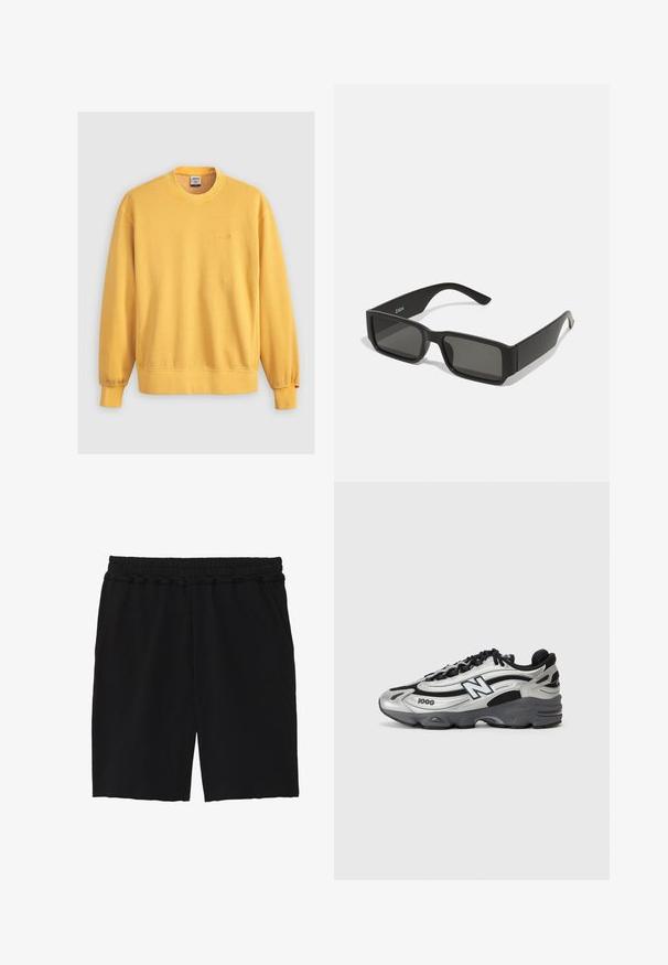 Yellow sweatshirt made of cotton, featuring a crew neckline, ribbed cuffs, and an embroidered logo on the chest. Smooth texture.; Black cotton shorts with an elastic waistband, two side pockets, a relaxed fit, and raw edges at the hem for a casual appearance.; Silver and black athletic shoes featuring a mesh upper, cushioned sole, lace-up design, and side branding detail.; Black sunglasses with rectangular lenses, matte plastic frame, and straight edges. Features brand logo on the inner arm.