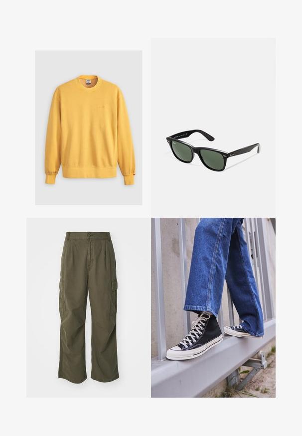 Gelbes Sweatshirt aus Baumwolle mit Rundhalsausschnitt, gerippten Bündchen und gesticktem Logo auf der Brust. Glatte Textur.; Cargo-Hosen in Olivgrün, aus Baumwolle, mit weitem Bein, Falten und seitlichen Taschen für Funktionalität.; Schwarze High-Top-Sneaker mit weißer Sohle und Schnürsenkeln, kombiniert mit lockeren blauen Jeans, die auf einem grauen Geländer ruhen.; Schwarze Plastiksonnenbrille mit grünen Gläsern, quadratischen Rahmen, silbernem Akzent auf der Augenbraue und strukturierten Bügeln. Angegebene Marke auf dem inneren Bügel.