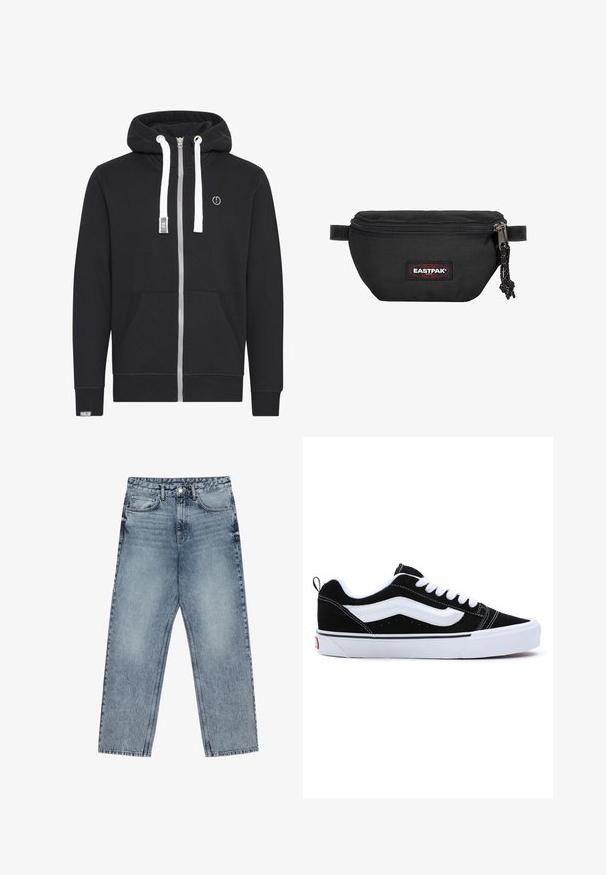 Zwarte ritsvoering hoodie van een katoenmix. Voorzien van een zilveren rits, witte trekkoordjes, voorzakken en een logopatch op de borst.; Lichtblauwe denim jeans met een rechte pijp, zichtbare stiksels, vijf zakken en een knoopsluiting in de taille.; Zwarte suède sneakers met witte accenten, voorzien van een laag ontwerp, vetersluiting en een dikke witte rubberen zool. Merkenlogo op de hiel.; Zwarte heuptas gemaakt van duurzaam materiaal, met een ritsluiting, verstelbare schouderband en een rood-zwart logo-opdruk aan de voorkant.