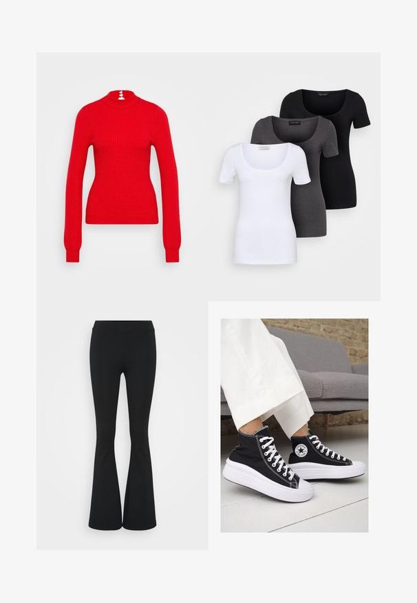 Červený žebrovaný rolák se dlouhými rukávy a přiléhavým střihem. Na zadní straně jsou tři bílé knoflíkové detaily na krku.; Tři přiléhavé trička v bílé, šedé a černé barvě. Každé má široký výstřih a krátké rukávy. Vyrobeno z hladké, pružné tkaniny.; Černé zvonové kalhoty vyrobené z elastického materiálu, s vysokým pasem a hladkou texturou. Kalhoty se rozšiřují od kolene.; Černé vysoké plátěné tenisky s bílými gumovými podrážkami a tkaničkami. Na boku mají kulaté logo a kontrastní bílé švy.
