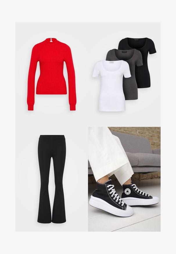 Pull à col roulé rouge côtelé avec des manches longues et une coupe ajustée. Le dos présente trois accents de boutons blancs au niveau du col.; Trois T-shirts ajustés en blanc, gris et noir. Chacun présente un décolleté large et des manches courtes. Fabriqués en tissu lisse et extensible.; Pantalon évasé noir en tissu extensible, présentant une taille haute et une texture lisse. Le pantalon s'élargit à partir du genou.; Baskets montantes noires avec semelles et lacets en caoutchouc blanc. Dotées d'un patch logo rond et de surpiqûres blanches contrastantes. Matière en toile.