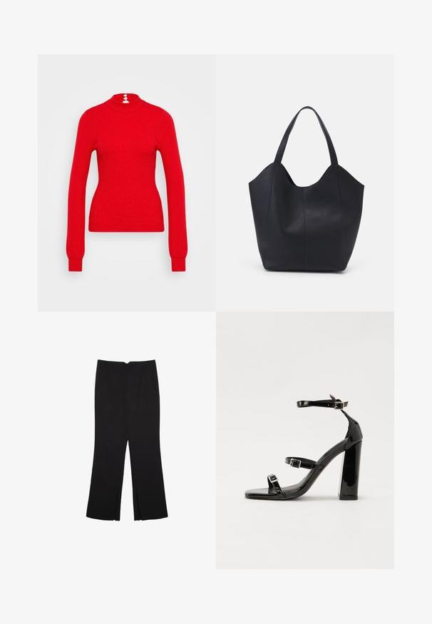 Maglione rosso a collo alto con coste, dotato di maniche lunghe e una forma aderente. La parte posteriore presenta tre bottoni bianchi decorativi vicino al collo.; Pantaloni neri a gamba dritta, con tasche frontali e spacchi laterali all'orlo. Realizzati in tessuto morbido e liscio. Adatti a diverse occasioni.; Sandali con tacco in vernice nera, con punta squadrata, cinturini alla caviglia e fibbie in argento. Presentano un tacco a blocco spesso per maggiore stabilità.; Borsa tote nera realizzata in pelle liscia, con una parte superiore curva e aperta, dotata di due manici per spalla e un design minimalista.
