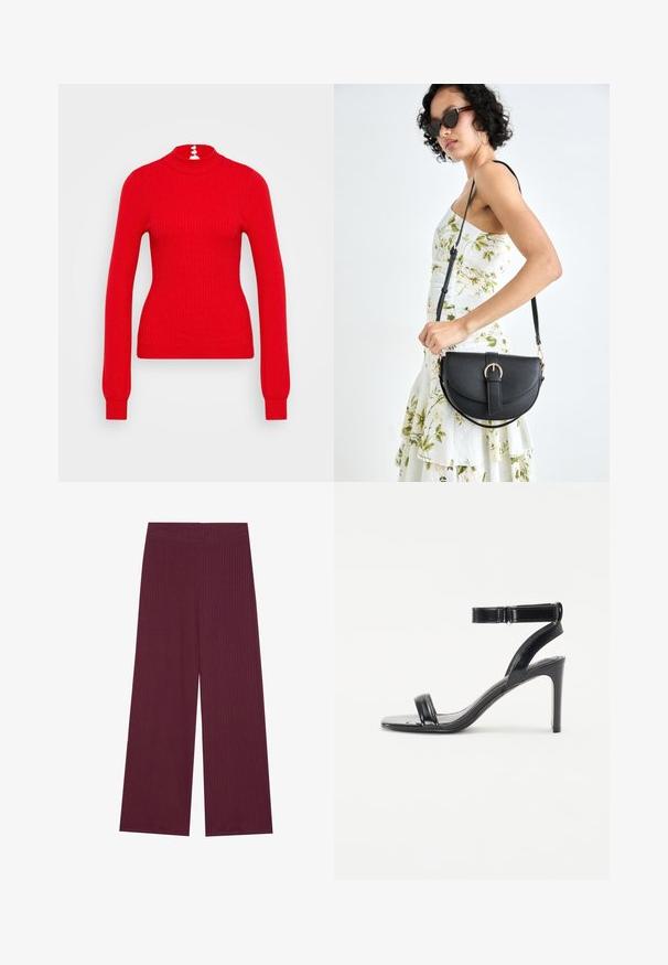 Pull à col roulé rouge côtelé avec des manches longues et une coupe ajustée. Le dos présente trois accents de boutons blancs au niveau du col.; Pantalons à larges jambes de couleur bordeaux profond, en tissu côtelé. Dotés d'une taille douce et élastique ainsi que d'une texture lisse.; Sandale noire à talons avec une finition brillante, dotée de deux fines lanières et d'une lanière à la cheville, reposant sur un talon aiguille élancé.; Sac à main en cuir noir avec une forme courbée, bandoulière amovible et des accessoires en or. Le sac est doté d'un rabat avec un détail de boucle.