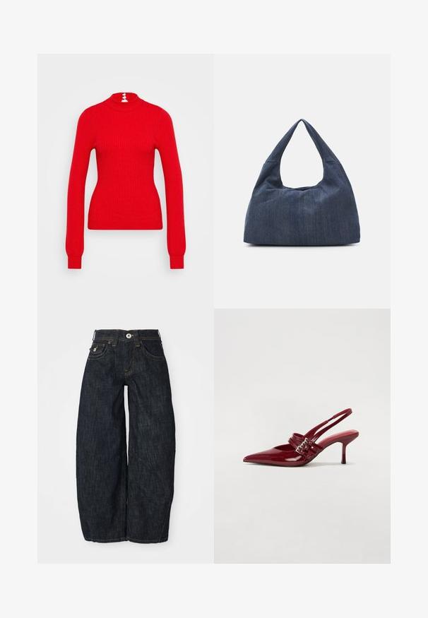 Rode geribbelde coltrui met lange mouwen en een aansluitende pasvorm. De achterkant heeft drie witte knoopaccenten bij de hals.; Donkerblauwe wijde denim jeans met een knoopsluiting, voorzakken en contrasterende oranje steken langs de naden.; Rode gepatenteerde leren slingbackhakken met een spitse neus, twee gespsluitingen en een slanke, middelhoge stilettohak. Glad textuur.; Donkerblauwe denim tas met een zachte, slungelige vorm, voorzien van een hobo-stijl handvat en een gestructureerd oppervlak. Geen zichtbare hardwareaccenten.