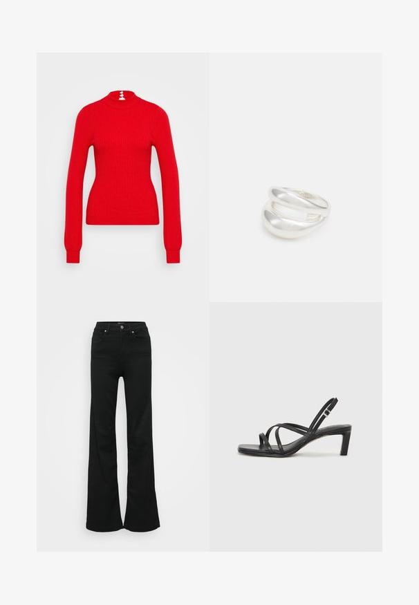 Red ribbed turtleneck sweater featuring long sleeves and a fitted shape. Back has three white button accents at the neck.; Black flared jeans made from denim, featuring a high waist, five pockets, and metal button closure. Smooth texture with minimal detailing.; Black strappy sandal with a square toe and a low block heel. Features multiple thin straps and an adjustable ankle strap. Made of smooth leather.; Silver double-band ring with a smooth, polished surface. Features a fluid, curved design with overlapping sections for a modern look.