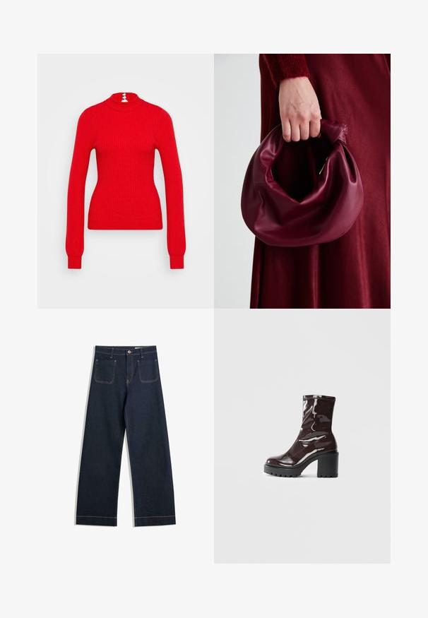 Maglione rosso a collo alto con coste, dotato di maniche lunghe e una forma aderente. La parte posteriore presenta tre bottoni bianchi decorativi vicino al collo.; Jeans a gamba larga blu scuro realizzati in denim con cuciture contrastanti color caramello, due tasche posteriori e chiusura con bottone in vita.; Stivale alla caviglia bordeaux lucido con un tacco spesso nero, caratterizzato da una superficie liscia e un design semplice. Nessuna chiusura visibile o motivo.; Borsa in pelle bordeaux con un design morbido e arricciato e una forma arrotondata. Il manico è fissato, mostrando una texture liscia.