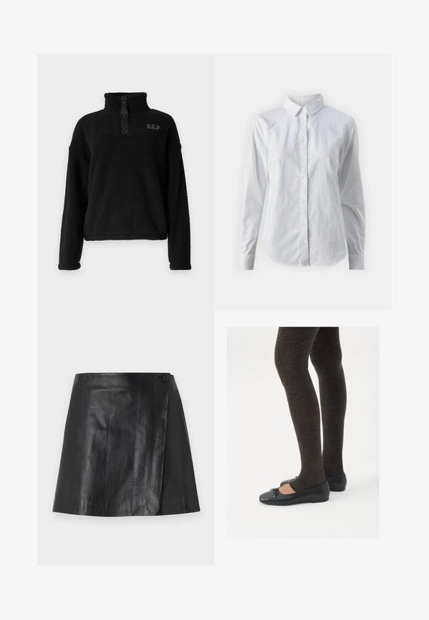 Zwarte fleecetopper met hoge kraag, drieknoopsluiting en geborduurd "GAP"-logo op de borst. Zachte textuur en ontspannen pasvorm.; Witte overhemd met knopen van glad katoen, met een klassieke kraag, lange mouwen en een afgeronde zoom. De knopen zijn klein en wit.; Zwarte faux leren mini rok met een wikkelvoorkant, bevestigd met een knoop aan de rechterkant, gladde textuur en een lichte glans.; Zwarte platte schoenen met een kleine strikdetail op de neus, gecombineerd met donkerbruine geribbelde panty’s. De schoenen hebben een gladde textuur en een lage profiel.