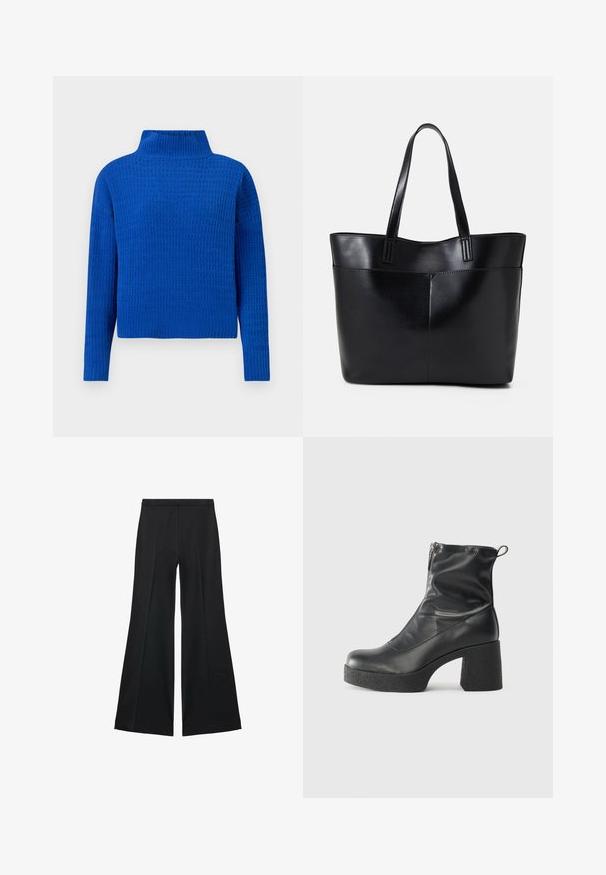 Blue knitted sweater with a high neck, featuring a textured, patterned design and long sleeves; cropped fit with ribbed hem.; Black wide-leg pants with a smooth texture, featuring front pleats and a tailored design. The fabric is lightweight and flowy.; Black ankle boots made of smooth leather, featuring a side zipper, chunky textured heel, and rounded toe design.; Black leather tote bag with two long handles, a smooth texture, and a structured shape. Features a front pocket for additional storage.