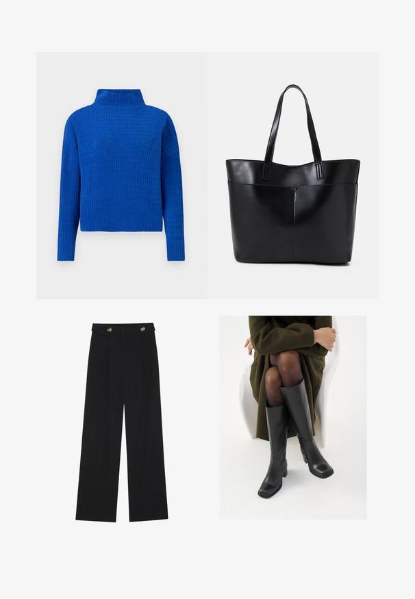 Blå stickad tröja med hög krage, med en texturerad, mönstrad design och långa ärmar; kort modell med ribbad fåll.; Svarta vida byxor med hög midja, knäppdetaljer i midjan och framfickor.; Knähöga svarta läderstövlar med fyrkantig tå och klack i blockmodell, visade med en modell sittande i en olivgrön kappa. Slät textur, minimal detaljering.; Svart läder tote-väska med två långa handtag, en slät yta och en strukturerad form. Har en framficka för extra förvaring.