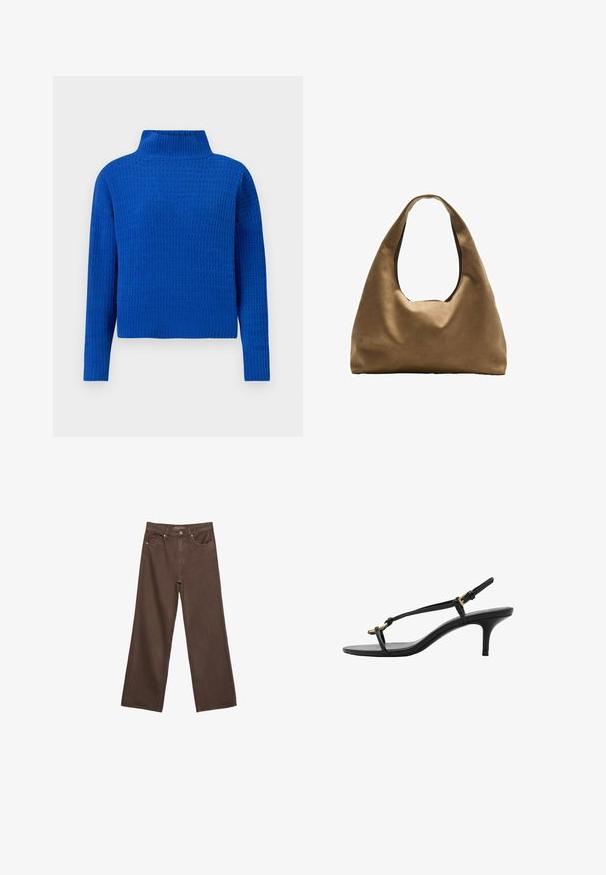 Maglione blu lavorato a maglia con collo alto, caratterizzato da un design testurizzato e a motivo, maniche lunghe; vestibilità corta con orlo a coste.; Jeans a gamba larga marroni in denim, con vita alta, tasche anteriori e chiusura a bottone classica. Tessuto liscio con cuciture sottili.; Sandal con zeppa kitten nera in pelle, con sottili cinturini, fibbia dorata e una minimalista fascetta per le dita su sfondo bianco.; Borsa a spalla in tessuto marrone con un corpo ampio e arrotondato e una grande maniglia a taglio. Texture morbida, design minimalista e senza hardware visibile.