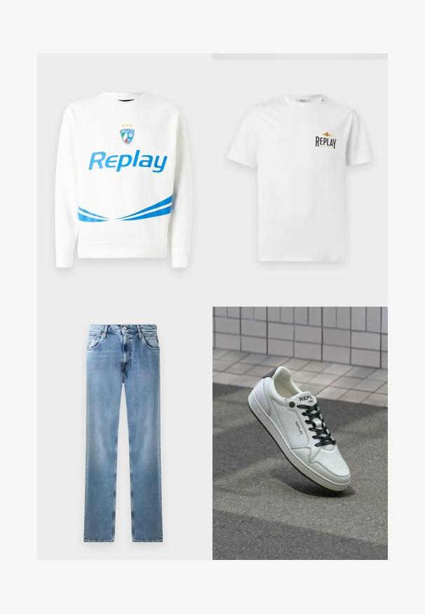 Sudadera blanca con un logo azul de "Replay", un escudo del equipo con estrellas y rayas diagonales azules en la cintura y las mangas. Textura suave.; Camiseta de algodón blanca con mangas cortas, que presenta un logo en negro y dorado de "REPLAY GRAND HOTEL" en el lado izquierdo del pecho. Diseño simple, corte regular.; Jeans de mezclilla de corte recto en azul claro, con bolsillos, remaches de cobre y un cierre de botón. Presentan un diseño desgastado y un dobladillo limpio.; Zapatilla blanca de cuero con puntera perforada, cordones negros y acento en el talón. Presenta la marca "REPLAY" y una suela de goma sólida.