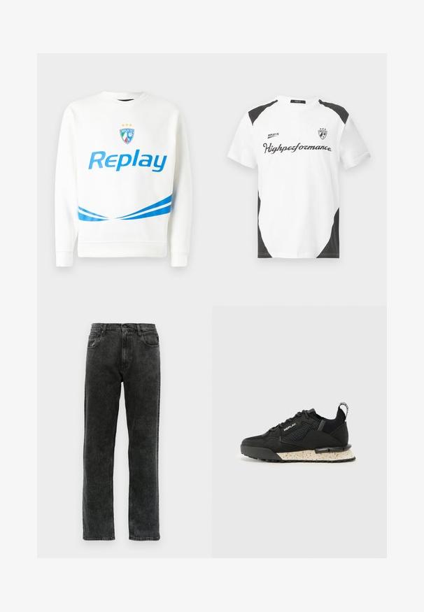 Hvit genser med en blå "Replay"-logo, en lagmerke med stjerner, og blå skråstriper ved midjen og ermene. Myk tekstur.; Hvit kortermet T-skjorte med svarte detaljer. Har "REPLAY FC" logo og "Highpeformance" tekst i en sporty skrifttype. Laget av et glatt materiale.; Svarte denimjeans med rett ben, med fem lommer, knappelukking og subtile falminger langs stoffet.; Replay FIELD MELT 25 - Joggesko - black