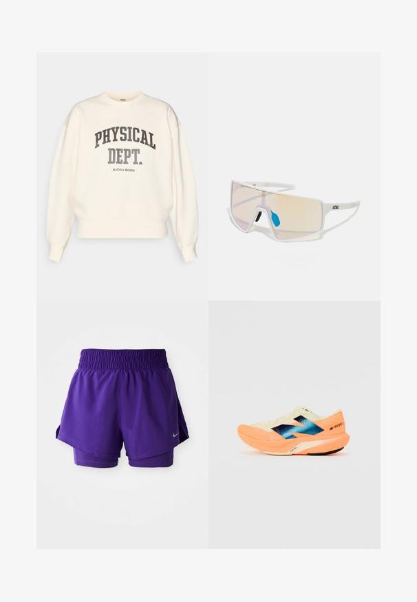 Sweatshirt creme com decote redondo, ombros caídos e punhos canelados. Apresenta "PHYSICAL DEPT." em fonte bold cinza escura.; Top atlético branco sem mangas, feito de tecido suave, com decote redondo e um pequeno logotipo preto da Nike no peito.; Calças de corrida roxas, em camadas duplas, com cintura elástica e pequeno swoosh prateado da Nike na bainha inferior esquerda.; Sapatilha de corrida com um cabedal leve em creme, marcação azul e detalhes laranja na sola. Textura em malha para maior respirabilidade.; Óculos de sol com armação branca e grandes lentes degradê, apresentando um tom que vai do rosa ao laranja claro, realçados por um apoio nasal azul e detalhe do logótipo.