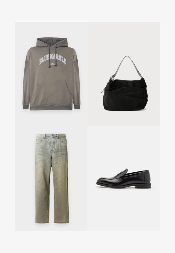 Olīvu zaļš kapuce ar priekšējo kabatu, aukliņu kapuci un balto "BLUEMARBLE EST. 2015" grafiku. Iekļauj ribotu aproču un apakšmalu.; Jūras zils kokvilnas T-krekls, īsas piedurknes, apaļa kakla izgriezums, uz krūtīm redzama teksturēta logo dizains gaišākā tonī.; Izsistās džinsās gaisā zaļā krāsā, ar taisnu kāju, piecu kabatu dizainu un nevienmērīgu izbalēšanu, kā arī krāsas šļakatas.; Melnas ādas kurpes ar gludu tekstūru, noapaļu purngalu un dekoratīvu siksniņu pāri priekšpusei. Zems sakrauts papēdis, minimālisma dizains.; Melnas zamšādas soma ar mīkstu, vaļīgu dizainu. Izceļas ar plānu, gludu ādas plecu siksnu un smalkiem šuvju akcentiem.