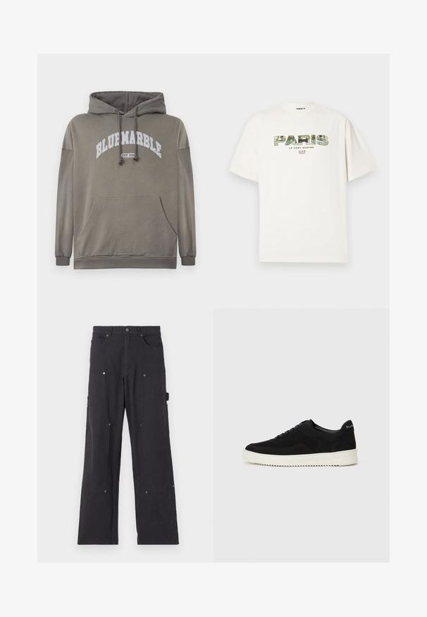 Sudadera de color verde oliva con un bolsillo frontal, capucha con cordón y gráfico blanco "BLUEMARBLE EST. 2015". Incluye puños y dobladillo acanalados.; Camiseta de algodón blanca con un gran estampado gráfico de "PARÍS" en diseño de camuflaje. Mangas cortas y cuello redondo. Corte casual y relajado.; Pantalones cargo negros hechos de un tejido duradero con un diseño de pierna recta, que cuentan con bolsillos frontales, botones a presión y bolsillos laterales de utilidad.; Zapatilla de ante negra con diseño de cordones y suela de goma blanca contrastante. Presenta paneles laterales texturizados y un sutil logo en el talón.