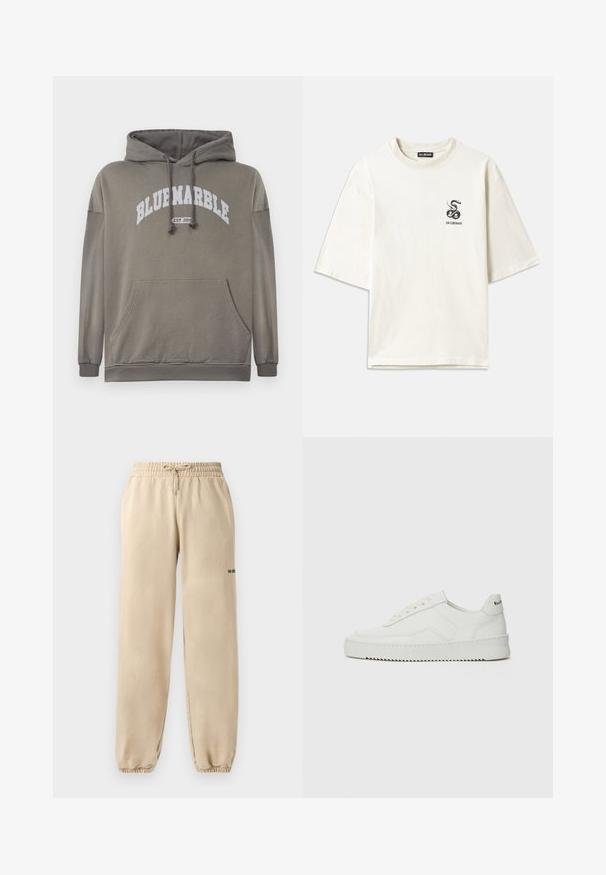 Felpa verde oliva con tasca frontale, cappuccio con lacci e grafica bianca "BLUEMARBLE EST. 2015". Presenta polsini e bordo a coste.; T-shirt oversize di colore crema realizzato in cotone. Caratterizzato da maniche corte e una piccola grafica di un serpente nero sul lato sinistro del petto.; Pantaloni della tuta beige con cintura elastica e coulisse, caratterizzati da un orlo a costine e una minima branding sul lato. Texture liscia.; Sneaker in pelle bianca con una finitura liscia, punta rotonda, lacci piatti e suola testurizzata. Presenta un logo discreto sul tallone.