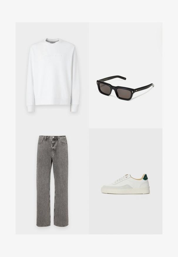 Fehér, hosszú ujjú pulóver, kerek nyakkal, elöl dombornyomott "MICHAEL KORS" logóval. Puha pamut anyagból készült.; Szürke farmernadrág, ami egyenes szárú szabással, öt zsebbel és gombos záródással rendelkezik a derékrészen. Finom, kopott hatás jellemzi.; Fehér sneaker suédé részletekkel, kerek orral, lapos fűzőkkel és krémszínű gumitalppal. Zöld logó található a sarkán.; Fekete téglalap alakú napszemüveg sötét lencsékkel, vastag műanyag keret, arany díszítések a szárakon, és a márka logója gravírozva a szára.
