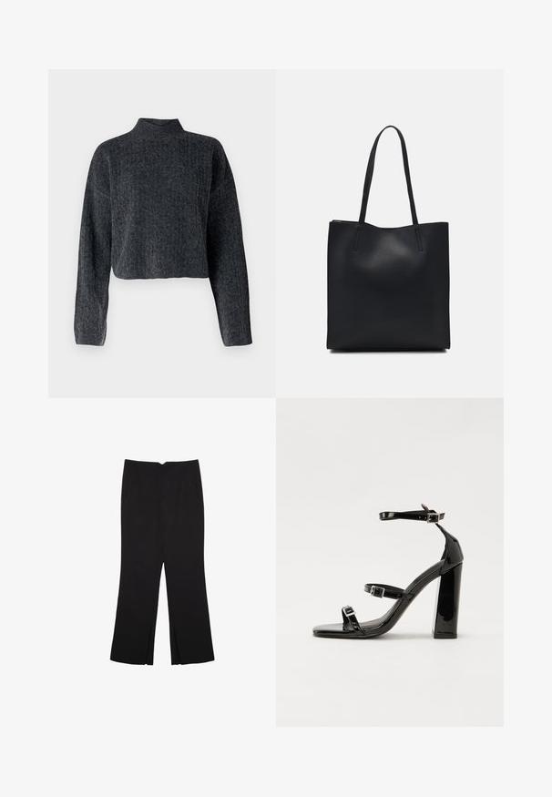 Beskuren, mörkgrå tröja med hög krage och långa ärmar. Tillverkad av texturerad stickad tyg med subtila mönster genom hela.; Svarta byxor med rak passform, utrustade med framfickor och sidoklyvningar vid fållen. Tillverkade av mjukt, slätt tyg. Lämpliga för olika tillfällen.; Svarta lackerade högklackade sandaler med två spännband, fyrkantig tå och en tjock klack, med en slät och glansig yta.; Svart lädertoffelväska med slät textur, rektangulär form och två långa handtag. Ingen synlig hårdvara eller dekorationer.