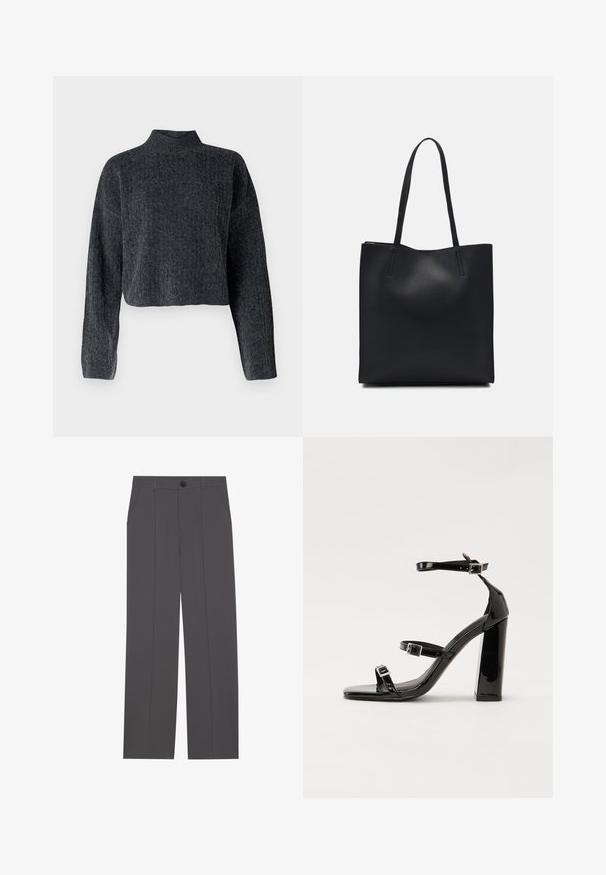 Geknipte, donkergrijze trui met een hoge hals en lange mouwen. Gemaakt van textuur gebreide stof met subtiele patronen overal.; Grijze broek met een recht model, voorzien van twee zijzakken en een knoopsluiting. Gladde stof zonder zichtbare patronen of accenten.; Zwarte gepatenteerde sandalen met hak en een vierkante neus, enkelbandjes en zilveren gespen. Heeft een stevige blokhak voor stabiliteit.; Zwarte leren handtas met een gladde textuur, rechthoekige vorm en twee lange handvaten. Geen zichtbare hardware of versieringen.